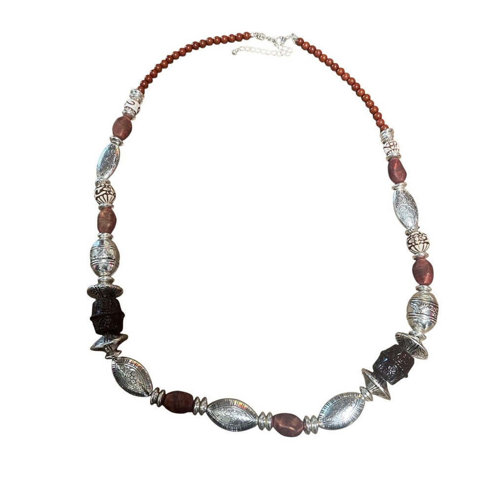 Boho long Beaded Necklace Silver Tone Accent Beads‎ Statement Jewelry